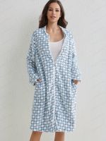 geegostudio Polka Dot Zipper Night Robe, Casual Comfy Long Sleeve Flannel Robe, Womens Sleepwear