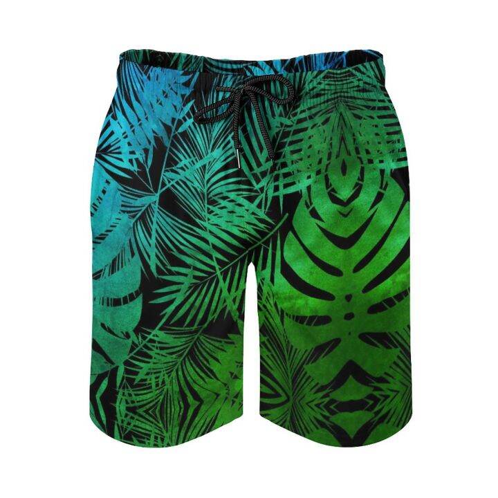 palm-leaf-print-board-shorts-green-ombre-tropical-quality-beach-pants-elastic-waist-large-size-กางเกงว่ายน้ำผู้ชาย