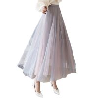 100cm Vintage Long Tulle Maxi Skirts Women Korean Style Elastic High Waist Mesh Skirt Maxi Pleated Tutu Skirt Female Jupe Longue