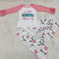 Long sleeves cotton tops ruffle pants set Valentines Day baby cotton clothes girls boutique outfits with heart pattern