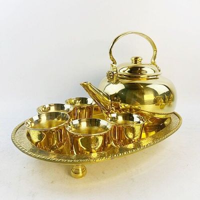 ชุดน้ำชากาแป้นใหญ่ทองเหลือง ถาดทองเหลืองรูปไข่ 12 นิ้ว
