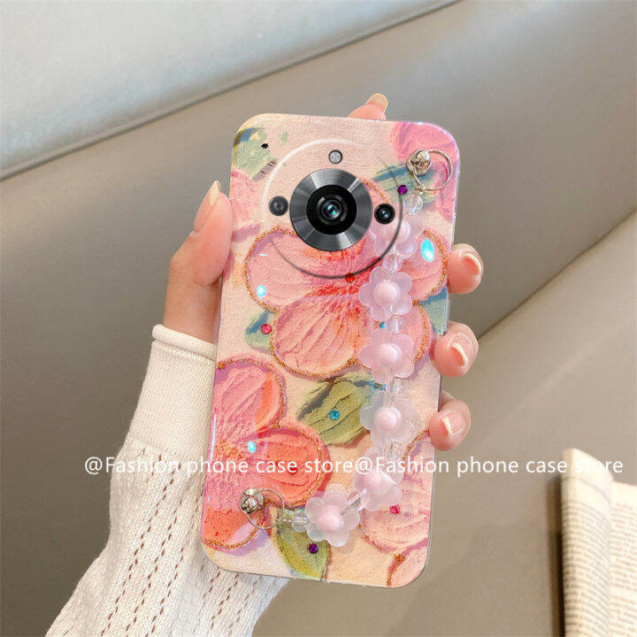 phone-case-เคส-realme11-pro-realme-11-pro-plus-5g-วินเทจเคสโทรศัพท์ภาพดอกไม้บลูเรย์เพ้นท์น้ำมัน-rhinestone-ปลอกนิ่มพร้อมสร้อยข้อมือ2023