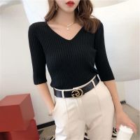 COD DSFDGDFFGHH T-shirt V-neck Knitting Top Womens Summer New Large Size Half Sleeve Bottomed tee for woman