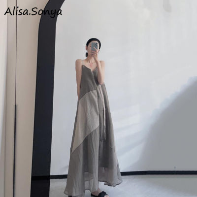 Alisa.Sonya Summer long dress retro contrast color irregular long skirt ice linen and ankle sleeveless dress female