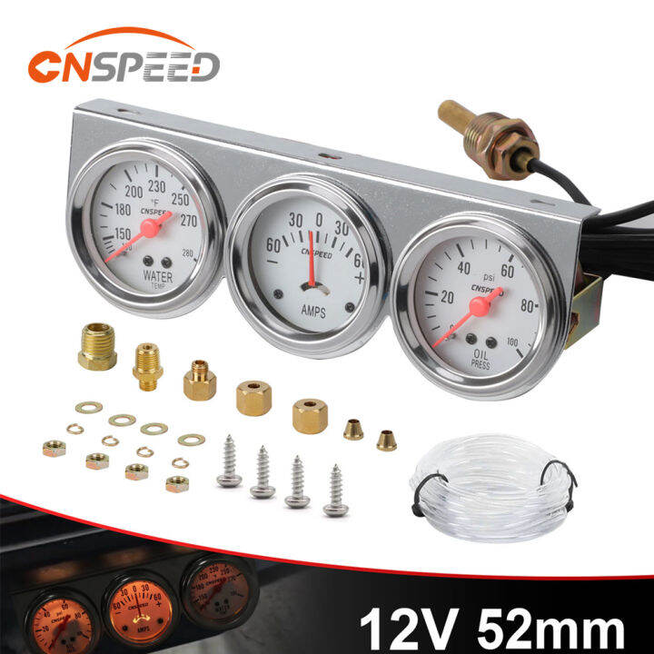 CNSPEED 2inch Chrome Panel Oil Pressure Gauge Water Temp Gauge Amp Meter Triple Gauge Kit Set