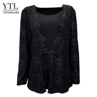 YTL Autumn Women Vintage V Neck 3D Floral Guipure Lace Cardigan Long Sleeve Top Flower Crochet Bronze Plus Size Shirt 8XL H023