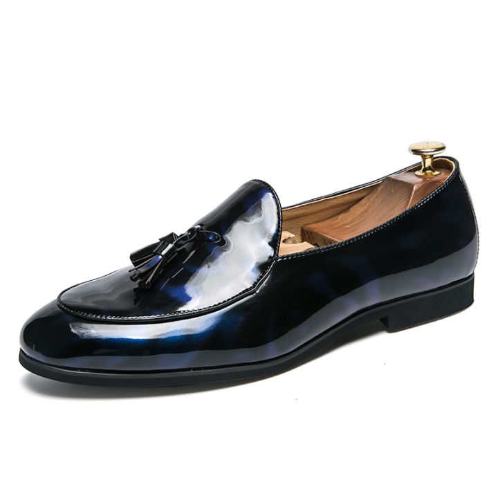 รองเท้าลำลองสำหรับผู้ชายรองเท้าสลิปออนหนังหัวมนสีทึบ-gaun-modis-ประจำวันสีฟ้าอ่อนสำหรับงานแต่งงานปาร์ตี้รองเท้าผ้าใบมีพู่