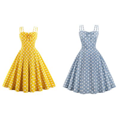 HOT11★Women Vintage Polka Dot Dress Retro Rockabilly 2023 Strap tail Party 1950s 40s Swing Dress Summer Dress Sleeveless