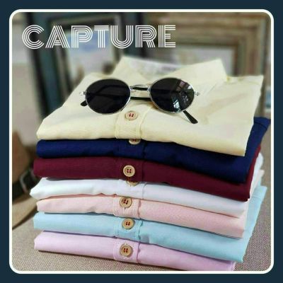 Capture Shirt เสื้อเชิ้ตผู้ชาย แขนสั้น คอจีน สีแดง/กรม/ฟ้าอ่อน/เทาอากาศ/บลูยีนส์/เทาเข้ม มีถึงอก 48 นิ้ว