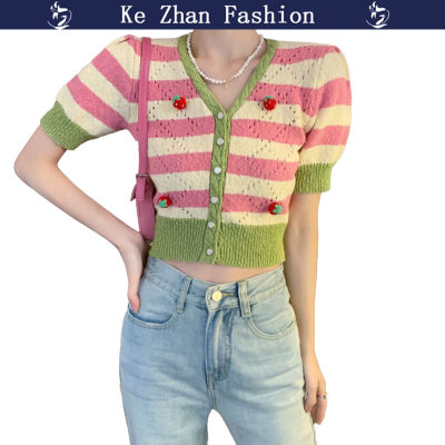 Ke Zhan เสื้อคาร์ดิแกนแขนสั้นคอวี,เสื้อคาร์ดิแกนแขนสั้นสำหรับเด็กผู้หญิง Baju Rajutan แถบสี