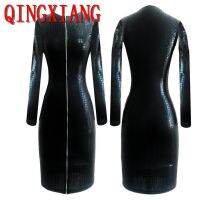 【Ladies shop】 S 3XL SexyFaux LeatherWomen Black SnakeskinBodycon FrontFashion Long Sleeves Snake 39; STight Dress