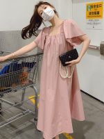 【Ready】? 2023 summer new Korean style French high-end pink square collar dress womens loose and slim tea break long skirt