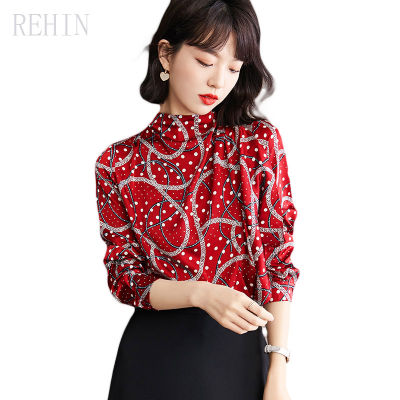 REHIN เสื้อลำลองผู้หญิงแขนยาวมีระบาย,ใหม่พิมพ์ลายผ้าชีฟองคอสูงเสื้อผู้หญิง