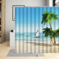 Summer Seaside Shower Curtain Vacation Sandy beach The Sea Starfish Coconut Tree Ocean Scenery  Pattern Waterproof  Washable