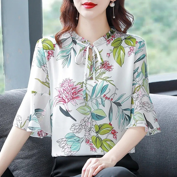 Women Chiffon Blouse Korean Style Printed Floral Blouse Woman Tops