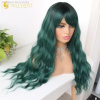 Long Wavy Green Wig With Bangs Heat Resistant Synthetic Fiber Ombre Dark Green Wig Dark Roots Loose Curly Wave Wig [ Hot sell ] men Shose Center