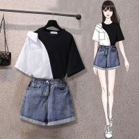 COD jfdss Large size ladies fat sister suit brim short-sleeved blouse covered belly show thin denim shorts two-piece outfitheadset0.sg