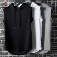 Feveld Men Muscle Hoodie Vest Sleeveless Pure Color All Match Loose Sweat Absorption Summer T-shirt for Gym Workout Fitness