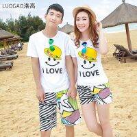 ♤❉  XinJiangMian sweethearts outfit summer 2023 Thai seaside resort sanya mens and womens short sleeve T-shirt shorts suit