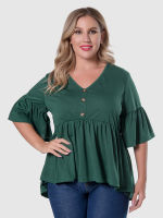 Green Blouses Women Plus Size Short V-neck Solid Elegant Fashion Button Women Top 2021 Ruffled Flared Bell Half Sleeve Shirts