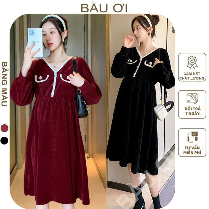 BAUOII V128] VÁY BẦU THU ĐÔNG DÀI TAY CHẤT NHUNG TĂM ĐẸP - ĐẦM BẦU ...