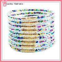 LUCKY HAIRACC 9pcs/set กลิตเตอร์ ชุดกำไลข้อมือ เจลลี่เต็มรูปแบบ นุ่มนุ่มๆ กำไลข้อมือซิลิโคน แฟชั่นสำหรับผู้หญิง ผงสีทอง กำไลข้อมือพระพุทธเจ้า สาวๆ