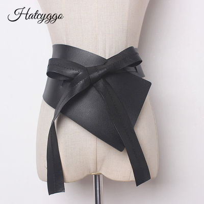 HATCYGGO Leather Belts For Women Wide Cummerbunds Lrregular Lace Up Bow Waist Belt Female Black Tunic Belts Adjustable Waistband