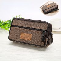 Tas dompet ponsel pria Linen baru tas kapasitas besar 3-ritsleting tas pinggang Ponsel memakai sabuk dompet kanvas