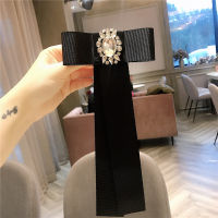 Korean College Style Black Diamond Decorations Bow Tie Long Shirt With Ribbon Accessories Vintage Gemstone Collar Pin Women Brooch Pin