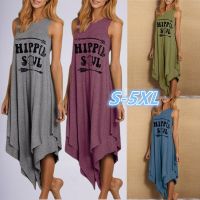 COD DSTGRTYTRUYUY Women Summer Loose Double Layer Round Neck Hippie Letter Printed Dresses Casual Irregular Hem Beach Swing Long Dress