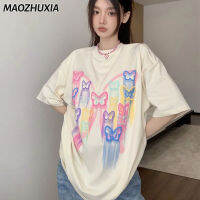 เสื้อยืดแขนสั้นสีขาวของผู้หญิง MAOZHUXIA รอบคอหลวมใหม่