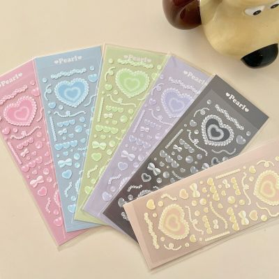 1Pc Cute Pearl Heart Bow Sticker DIY Scrapbooking Happy Planning Photo Album Deco Stickers Cute Korean Stationery Christmas Gift Stickers Labels