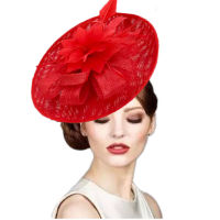 ผู้หญิงแต่งงานสีแดง Fascinator หมวก Feather ดอกไม้สุภาพสตรีอุปกรณ์เสริมผม Headwear Lady Party ดอกไม้ตาข่าย Veil Headpiece Hairpin