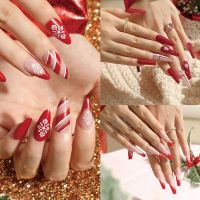 24Pcs Christmas Fake Nails Long Coffin Glitter Snowflake False Nails Red Stripe French Full Cover Nail Tips Press on Nails