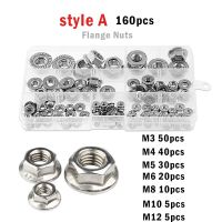 105/100pcs Flange Nut Assortment Kit M3 M4 M5 M6 M8 M10M12 Hexagon 304 Stainless Steel Serrated Spinlock Flange Lock Nut Set Nails Screws Fasteners