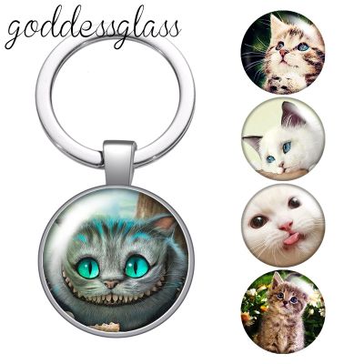 【VV】 Cats cat pet family round glass cabochon keychain Car key chain Holder Charms keychains Gifts