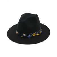 Women Men Flat Brim Wool Fedoras Hat with Print Ribbon Retro Jazz Trilby Hats Female Formal Party Cap Panama Hat GH-357