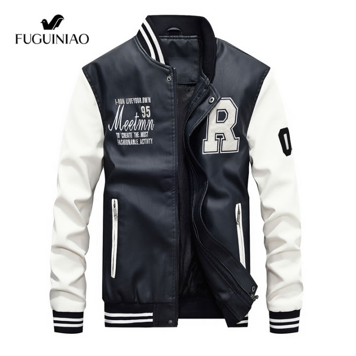 fuguiniaoเสื้อแจ็คเก็ตหนังผู้ชาย-แจ็คเก็ตขี่มอเตอร์ไซค์แฟชั่นสีดำหนังpuดีไซน์เบสบอลแจ็คเก็ตขี่มอเตอร์ไซค์แบบบาง