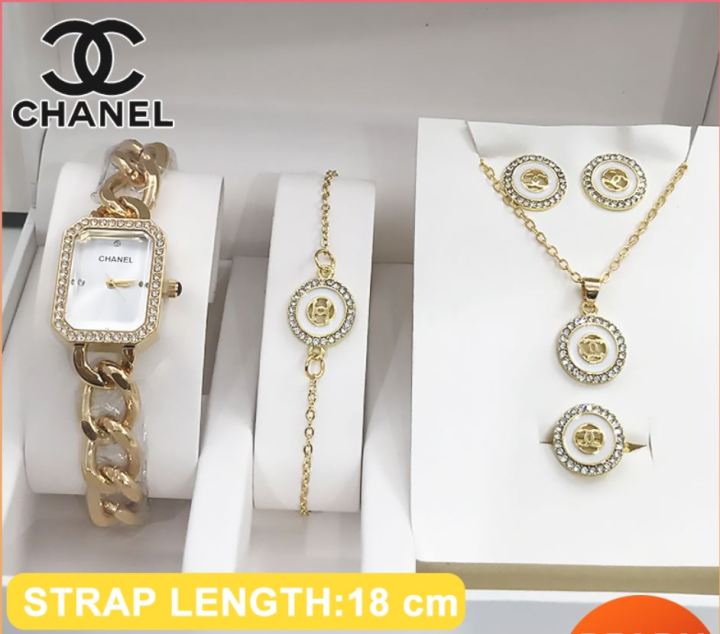 CHANEL Jewelry Watch CHANEL Watch Set for Women 5 in 1 with Watch Bracelet  Ring Earrings Necklace Jewelry 5 Pieces Set Women's Gift 2020 Original  Christmas Gift Set for Women C