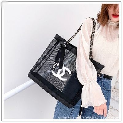 ❣◑ Korean Portable Mesh Bag Letter Shoulder Bag Fashion Casual Chain Bag Wholesale beach bag shopping bag for women