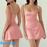 COD DSFGRDGHHHHH Bayline-Women Summer Solid Color Dress Low-Cut Sling Sleeveless High Waist A-Line One Piece Dress