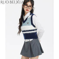 Ruo Bei Xuan เสื้อกั๊กคอวีขนสัตว์ตัดสีตัดกันลายทางสไตล์มหาลัยมิ้งค์เทียมคอวีสีฟ้าลายขวางไม่เป็นขนสั้นเสื้อกั๊กระดับเอวฤดูใบไม้ผลิ