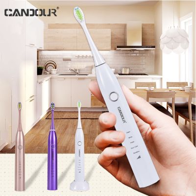 CANDOUR 5168แปรงสีฟันคลื่นเสียงแปรงสีฟันไฟฟ้าอัลตราโซนิกความปลอดภัย Ipx8waterproof การชาร์จเหนี่ยวนำที่มีหัวแปรง16หัว