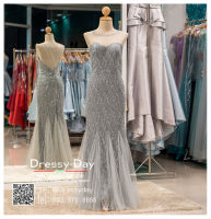 ชุดราตรียาวแขนกุด ชุดไปงานแต่งกลางคืน ชุดราตรีคนอ้วน สวยๆ PFL021-GRY เทา/เงิน