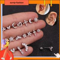 SURRIP FASHION 1PC ผู้หญิงเด็กสาวกระดูกอ่อนเกลียวตรงกระดูกอ่อนลายขวางดอกไม้มงกุฎสีทองเพชร CZ Tindik Telinga ต่างหูเม็ดกลมอัญมณีประดับร่างกาย