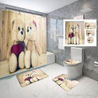 QSR STORE 4 Pcs Toy Bear Shower Curtain Sets with Rugs Toilet Lid Cover and Bath Mat Romantic Couple Doll Bathroom Decor