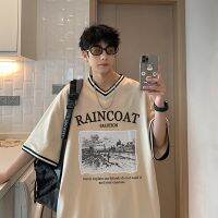 Vintage contrast color V-neck t-shirt mens trendy brand khaki heavy short-sleeved oversize ice hockey uniform three and a half sleeves