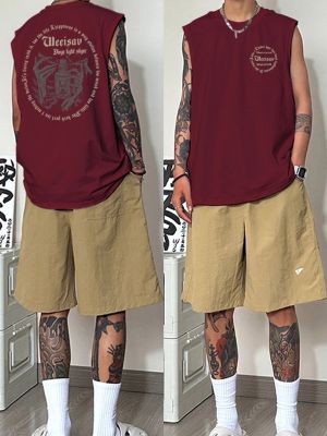 original American retro wine red waistcoat mens heavy cotton high street trendy high-end fashion brand sleeveless t-shirt