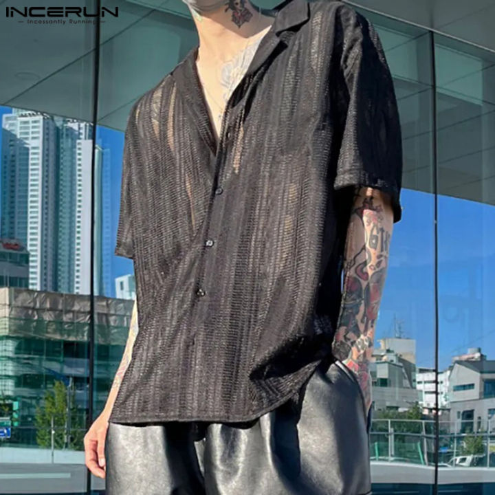 incerun-เสื้อเชิ๊ตแขนสั้นลายขวางสำหรับผู้ชายเสื้อเบลาส์เข้ารูปทรงหลวมทรงหลวม-สไตล์เกาหลี