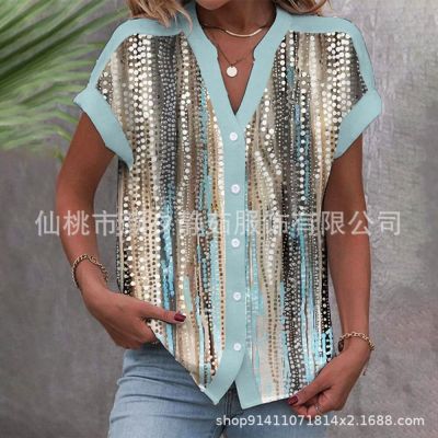 Vogue of new fund of 2023 foreign trade printing double-breasted collar short sleeve shirt of female leisure garment